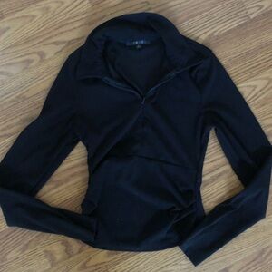 Black Crewneck Top zippered with gathered sides for sculpting look by Iris